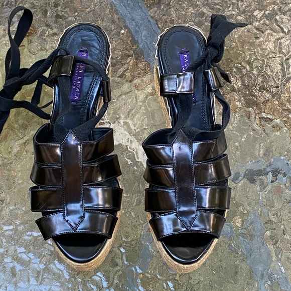 Ralph Lauren Purple Label Black Wrap Around Strap Platform Espadrilles Sandals - Picture 3 of 16